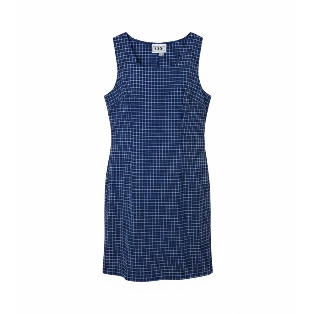 DBY Ltd Blue White Grid Check Sleeveless Square Neck Shift Dress Side Slit M
